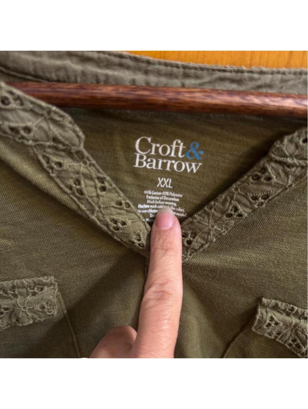 Croft & Barrow olive green blouse with lace trim and button-up front, size XXL - Picture 2 of 3